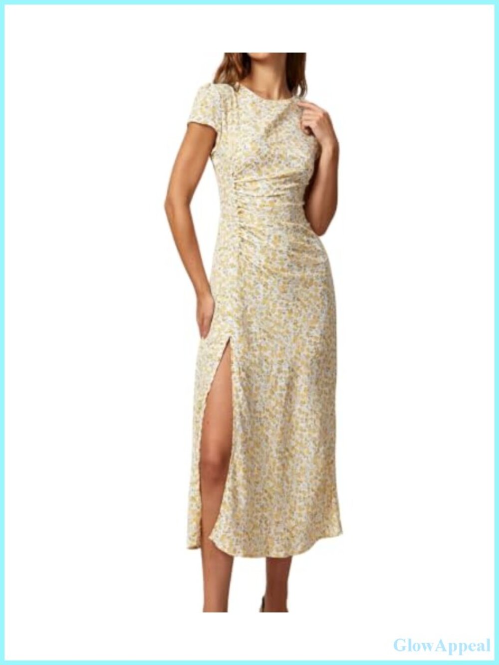 Boho Floral Midi Dress Round Neck Slit Casual Beach Vacation Sundress